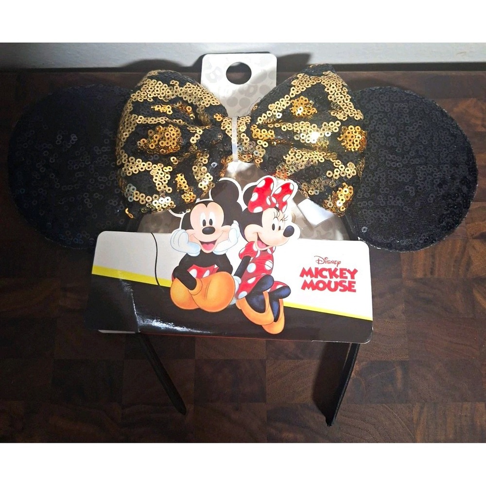 Disney Mickey Mouse Black & Gold Sequin Ears Headband with Bow